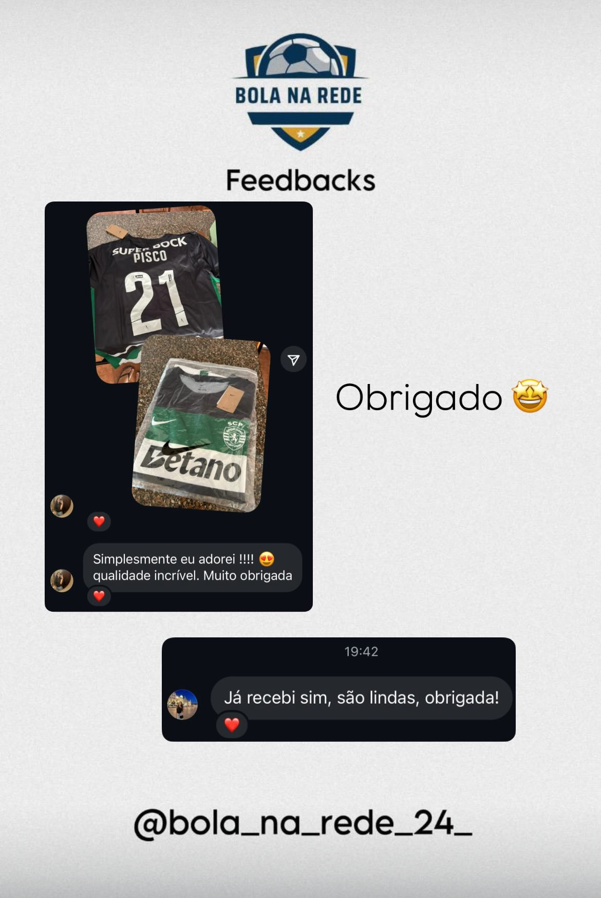 Print de feedback de cliente sobre qualidade das camisolas